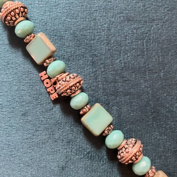Turquoise Stone and .925 Silver Beaded Bracelet with Hope, Made With Love Charms - Picture 2 of 5